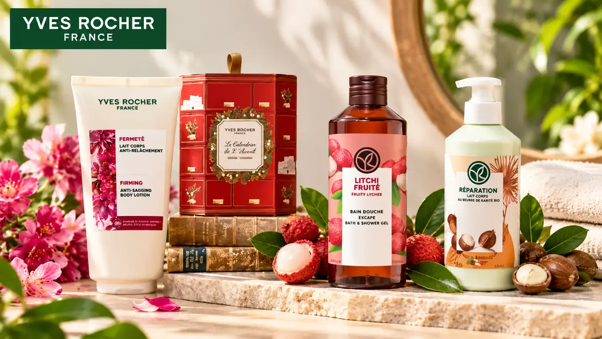 Produse Yves Rocher pentru corp și duș, aranjate cu flori, fructe și frunze pe un decor natural.