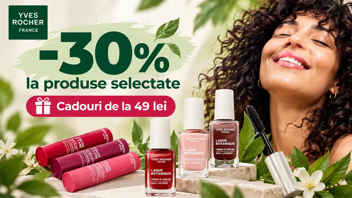 Produse Yves Rocher pentru machiaj, cu reducere de 30%, cadouri de la 49 lei și model zâmbind.