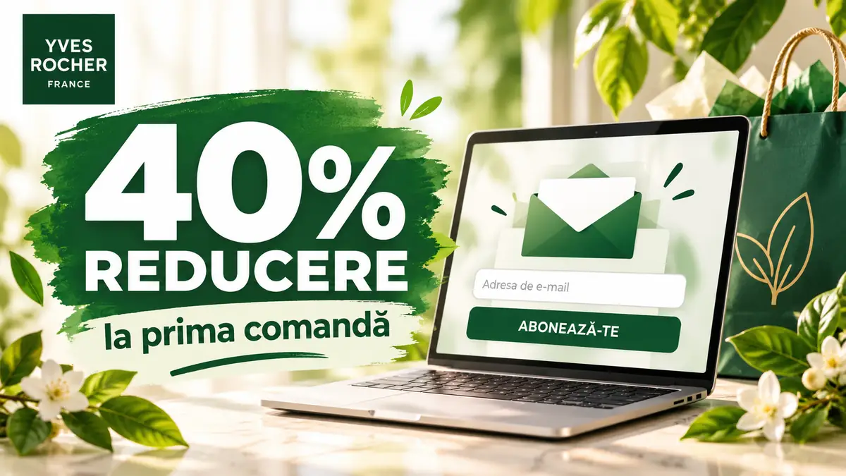 Banner Yves Rocher cu 40% reducere la prima comandă, laptop cu abonare la newsletter și elemente botanice.