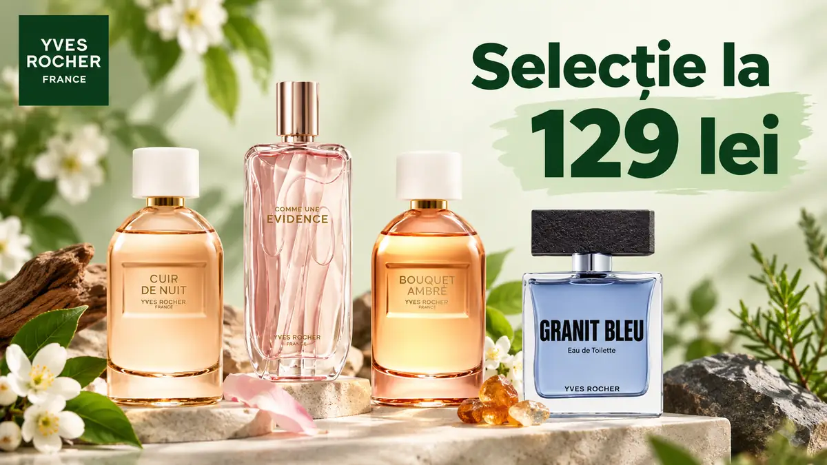 Patru parfumuri Yves Rocher pe fundal botanic, cu mesajul „Selecție la 129 lei”.