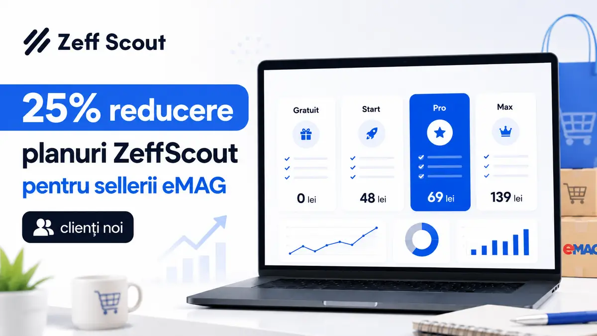 Banner ZeffScout cu 25% reducere la planuri pentru sellerii eMAG și laptop cu abonamentele disponibile.