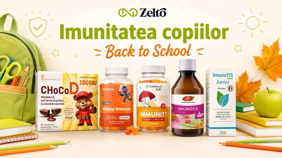 Produse Zelto pentru imunitatea copiilor, alături de rechizite școlare și elemente de toamnă.