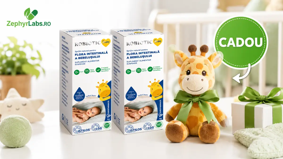 Două cutii Robiotic Baby și o girafă pluș cadou, cu badge „CADOU”, într-o cameră luminoasă pentru bebeluși.