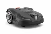 Robot Husqvarna Automower negru, cu design modern și roți robuste, prezentat din față pe fundal alb.