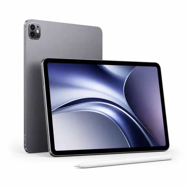 Tabletă premium gri, prezentată din față și din spate, cu ecran mare și stylus alb, pe fundal alb.