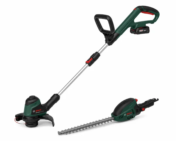 Trimmer de iarbă și foarfecă electrică pentru gard viu Bosch, cu acumulator, prezentate pe fundal alb.