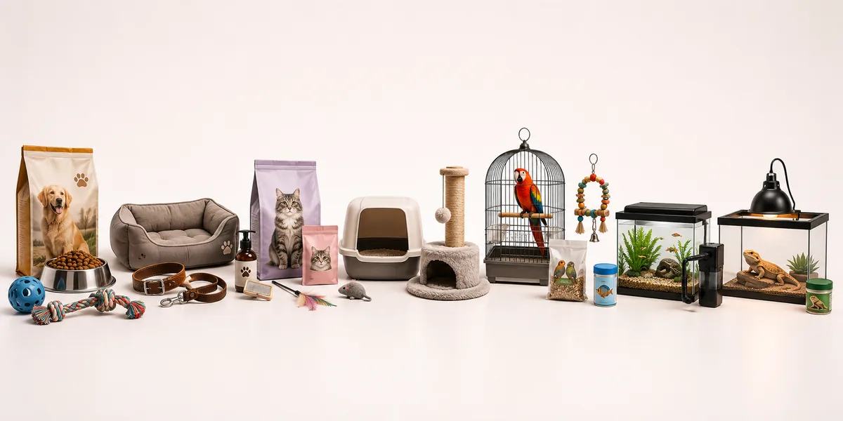 Imagine reprezentativă pentru categoria Animale de companie, cu produse pentru câini, pisici, păsări, pești și reptile.