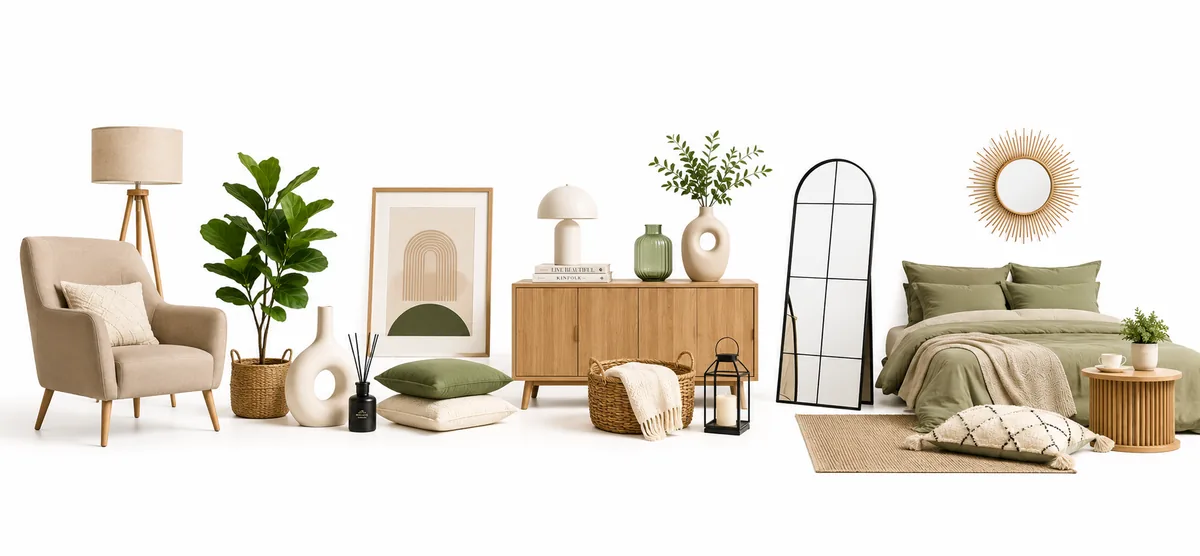 Banner pentru categoria Casă și Decorațiuni, cu fotoliu, pat, comodă, noptieră, lămpi, oglindă, plante și accesorii decorative, pe fundal alb.