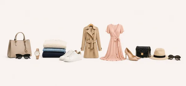 Banner pentru categoria Modă și Accesorii, cu rochie elegantă, trench, haine pliate, genți, pantofi, sneakers, ceas, pălărie și ochelari de soare, pe fundal alb.