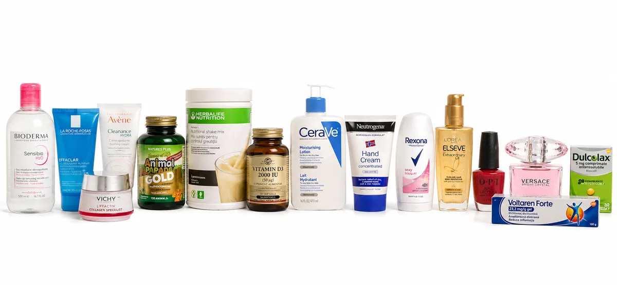 Banner pentru categoria Sănătate și Frumusețe, cu produse de îngrijire a pielii, creme, vitamine, suplimente, medicamente, parfum, deodorant și ojă, pe fundal alb.