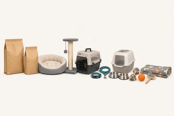 Produse și accesorii pentru animale de companie — hrană, pat, ansamblu de zgâriat, transportor, litieră, zgardă și lesă, boluri, jucării, perie și pătură pe fundal crem deschis.