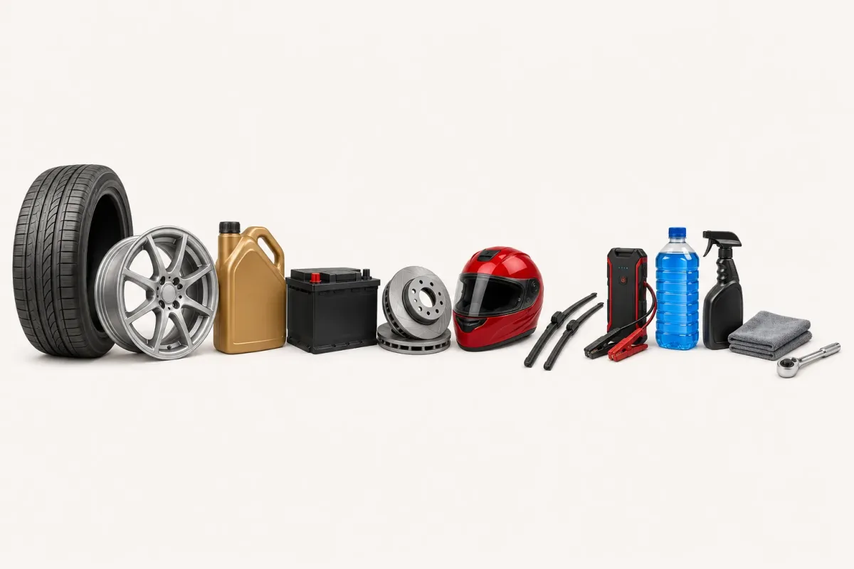 Produse și accesorii auto-moto — anvelopă, jantă, ulei de motor, baterie, discuri de frână, cască moto, ștergătoare, jump starter, soluții de curățare, lavetă și cheie tubulară pe fundal crem deschis.