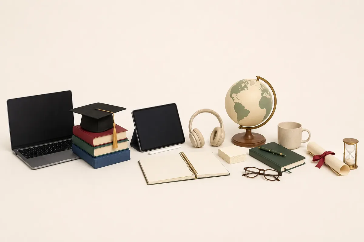 Produse pentru educație și cursuri — laptop, tabletă cu stylus, teanc de cărți cu tocă de absolvire, căști, glob pământesc, cană, agendă spiralată deschisă, carnet cu stilou, ochelari, diplomă rulată cu fundă și clepsidră, pe fundal crem deschis.