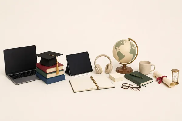 Produse pentru educație și cursuri — laptop, tabletă cu stylus, teanc de cărți cu tocă de absolvire, căști, glob pământesc, cană, agendă spiralată deschisă, carnet cu stilou, ochelari, diplomă rulată cu fundă și clepsidră, pe fundal crem deschis.