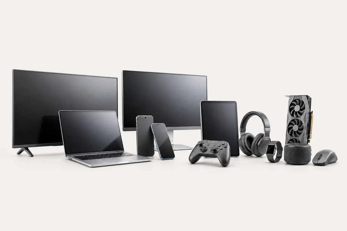 Electronice și produse IT — televizor, laptop, monitor, smartphone-uri, tabletă, căști, smartwatch, placă video, boxă și mouse, pe fundal crem deschis.