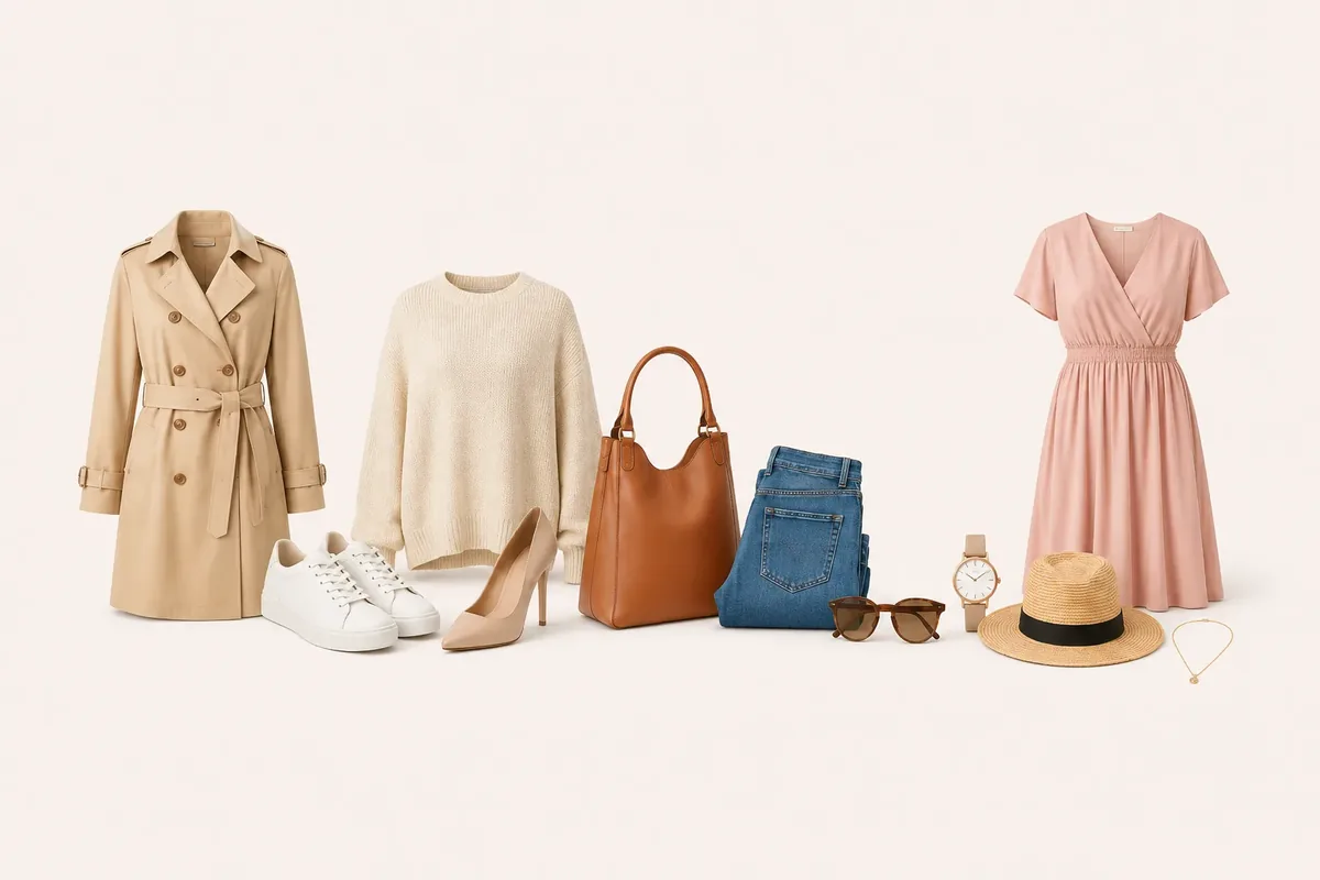 Îmbrăcăminte și accesorii — trench bej, pulover crem, rochie roz, pantofi, geantă, blugi, ochelari, ceas, pălărie și colier pe fundal crem deschis.