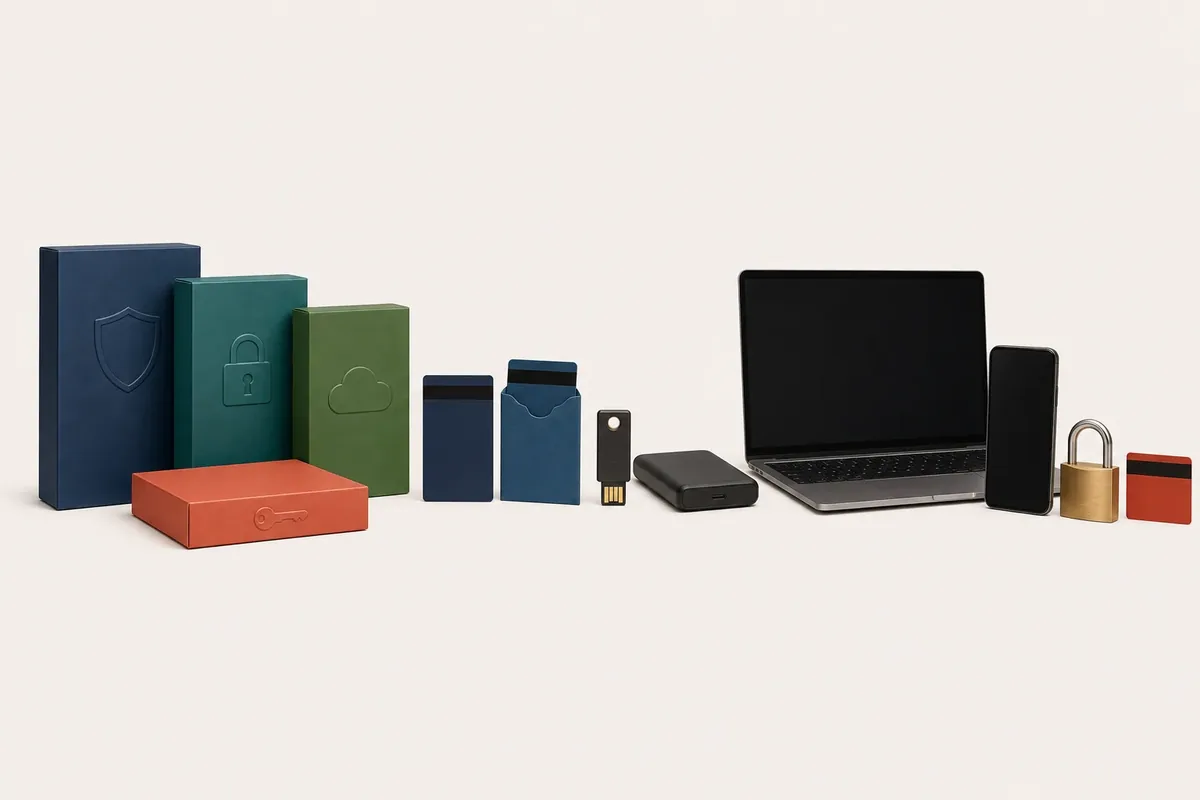 Servicii și produse digitale — cutii cu simboluri de scut, lacăt, cloud și cheie, carduri și suport de card, cheie de securitate USB, SSD extern, laptop, smartphone și lacăt, pe fundal crem deschis.