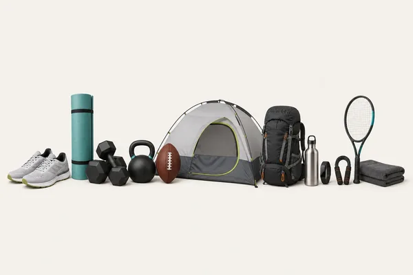Echipamente sport și outdoor — pantofi de alergare, saltea de yoga, gantere, kettlebell, minge, cort, rucsac, sticlă, brățară fitness, coardă, rachetă de tenis și prosop pe fundal crem deschis.