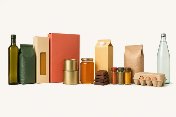Produse de supermarket și băcănie — sticlă de ulei de măsline, pungă de cafea, cutie de paste, cutie de cereale, conserve, borcan cu miere, carton de suc, ciocolată, borcănașe cu condimente, orez, ouă și apă minerală pe fundal crem deschis.
