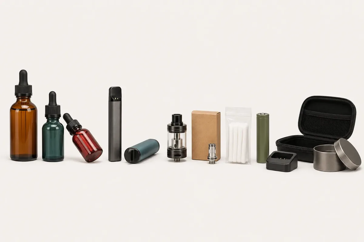 Produse pentru vaping și țigări electronice — sticluțe cu pipetă pentru lichid, dispozitive vape tip pod, atomizor, cutie cu rezistențe de schimb, pungă cu bumbac, acumulator, stație de încărcare, husă rigidă cu fermoar și cutie metalică, pe fundal crem deschis.