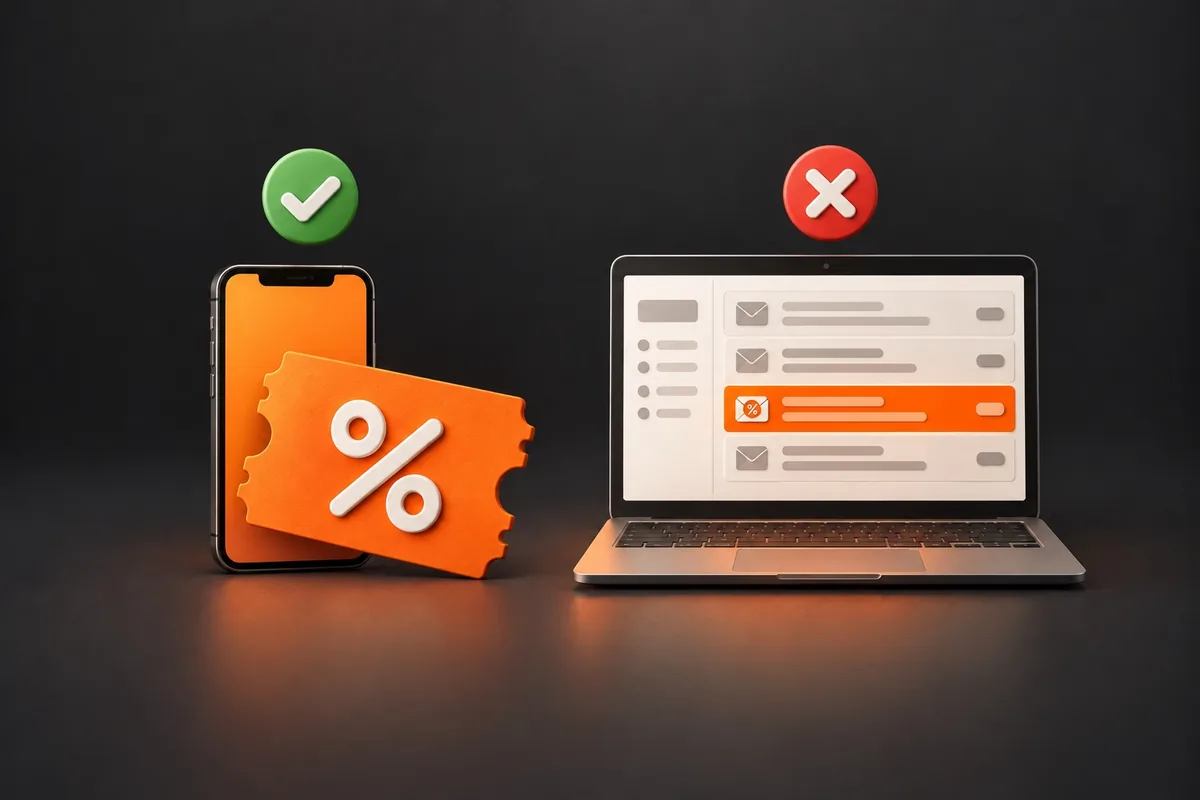 Un telefon cu bifă verde și un laptop cu X roșu: codul merge în aplicație, nu pe site