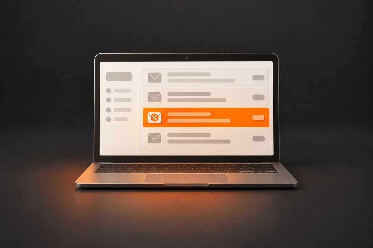 Un laptop cu lista de emailuri, în care unul e evidențiat și are un procent