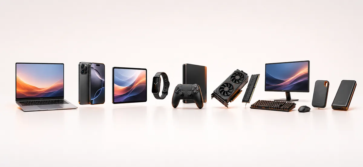 Banner cu dispozitive electronice moderne: laptop, telefon, tabletă, smartwatch, monitor, placă video și accesorii IT.