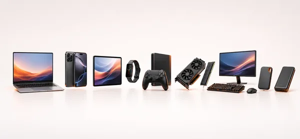 Banner cu dispozitive electronice moderne: laptop, telefon, tabletă, smartwatch, monitor, placă video și accesorii IT.
