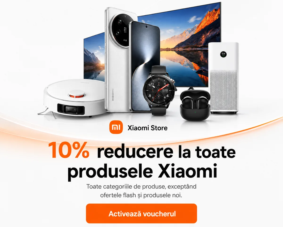 Banner Xiaomi Store cu 10% reducere la toate produsele, prezentând smartphone, televizor, aspirator robot, smartwatch, căști wireless și purificator de aer.