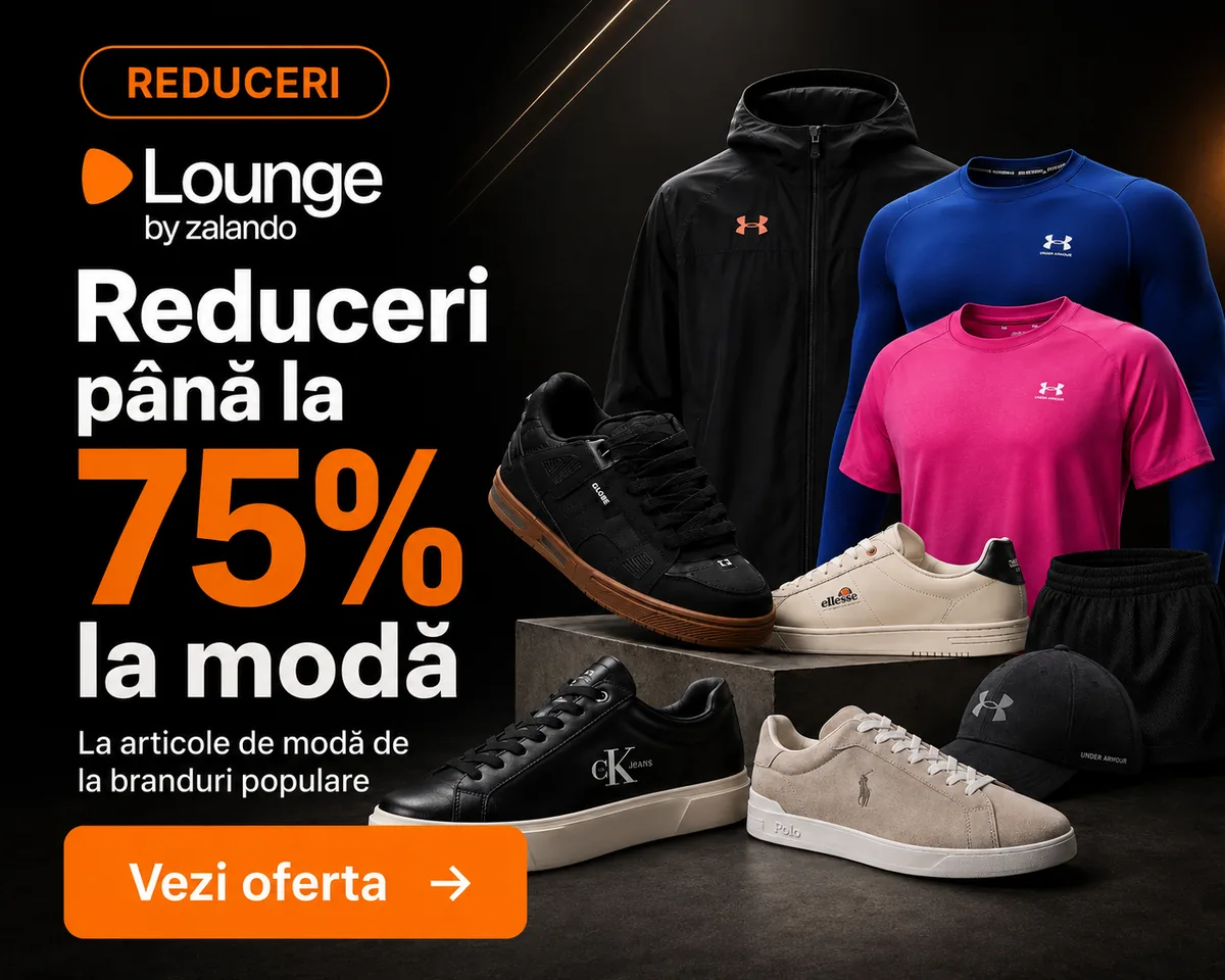 Banner promoțional Lounge by Zalando cu reduceri de până la 75% la articole de modă, prezentând încălțăminte și îmbrăcăminte sport de brand pe fundal negru.