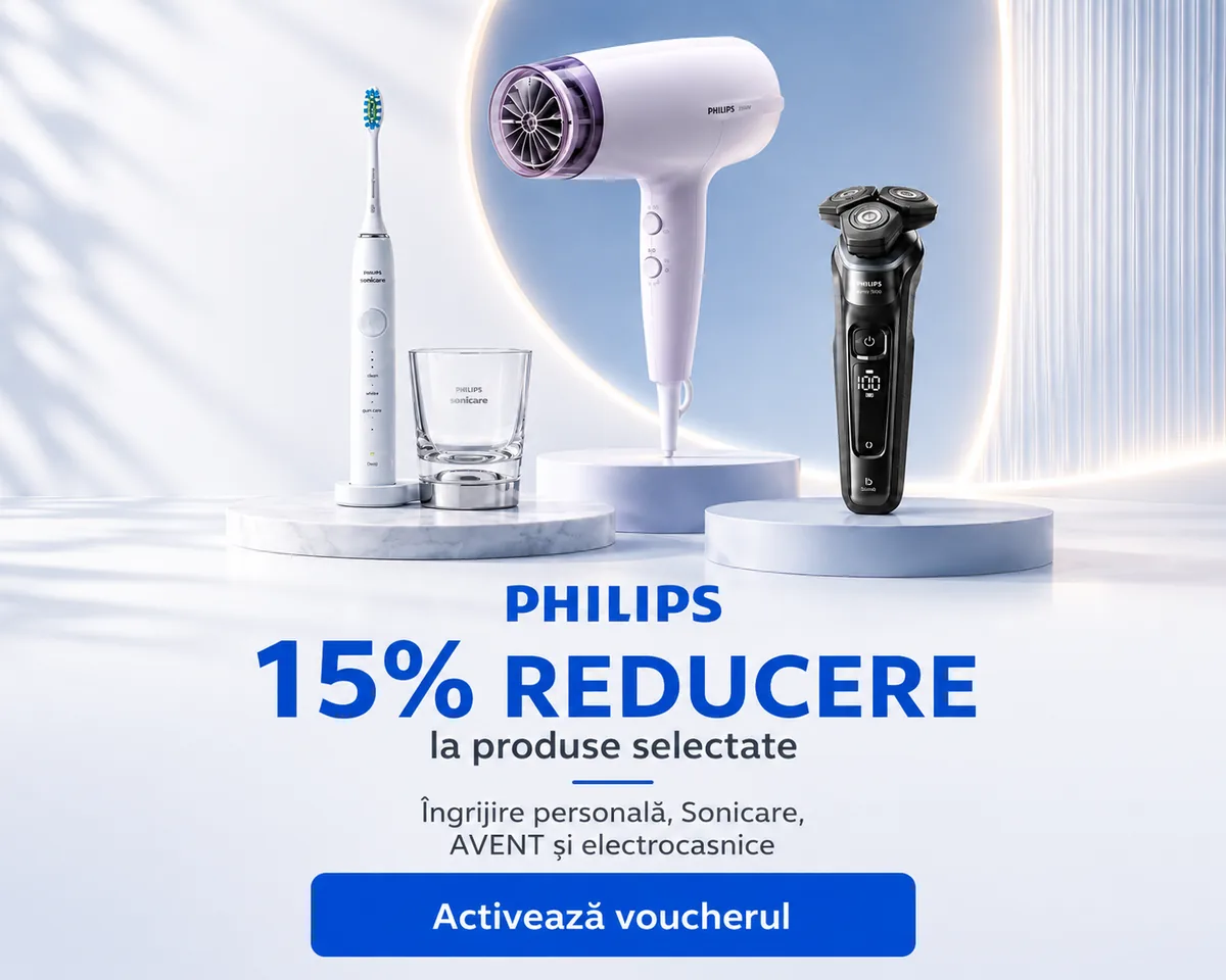 Banner pătrat Philips cu 15% reducere, produse de îngrijire personală afișate în partea de sus și butonul „Activează voucherul” în partea de jos.