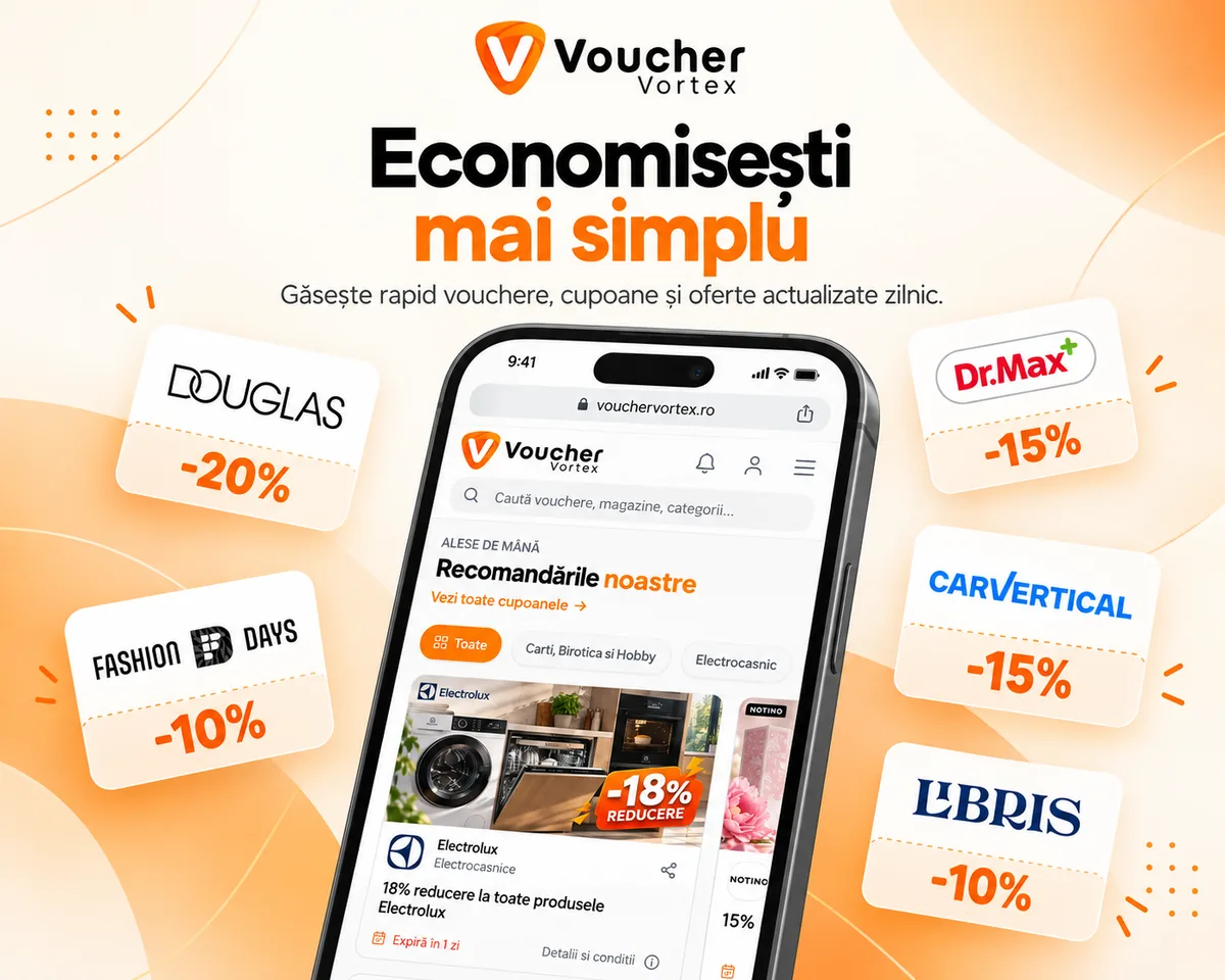 Banner VoucherVortex in care apare un telefon cu cele mai bune oferte de pe site