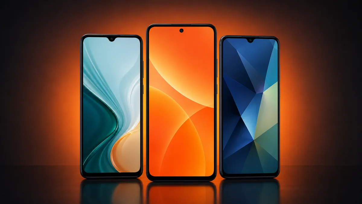 Trei telefoane de tip Xiaomi, Samsung pe un fundal intunecat