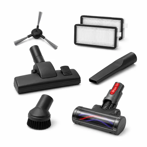 Accesorii pentru aspiratoare, inclusiv perie principală, perie turbo, duză îngustă, filtru HEPA, perie rotundă și perie laterală pentru robot, prezentate pe fundal alb.