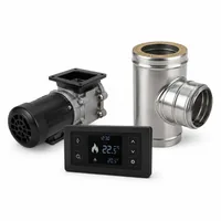 Accesorii și componente pentru centrale și sobe pe peleți, inclusiv motor, element de evacuare și panou digital de control, prezentate pe fundal alb.