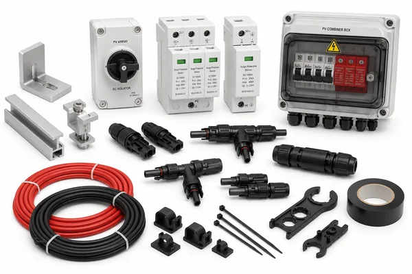 Diverse accesorii fotovoltaice precum connectori, intrerupatoare pe un fundal alb
