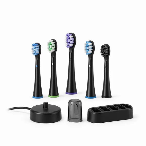 Diverse accesorii pentru periute electrice pe un fundal alb