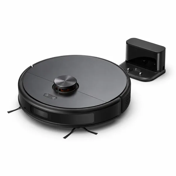 Aspirator robot negru pe un fundal alb