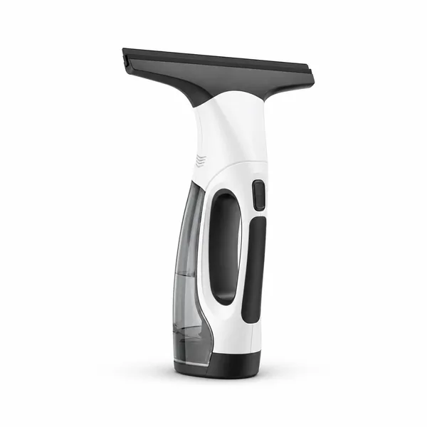 Aspirator electric pentru geamuri, alb și negru, cu rezervor transparent și lamelă lată de aspirare, prezentat pe fundal alb.
