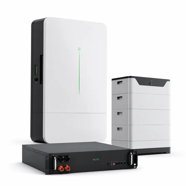 Baterii și acumulatori pentru stocarea energiei fotovoltaice, în format modular și rack, pe fundal alb.