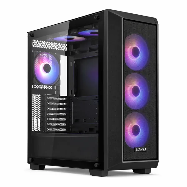 Carcasă PC Lian Li neagră, cu panou lateral din sticlă securizată, față mesh și ventilatoare RGB, prezentată pe fundal alb.