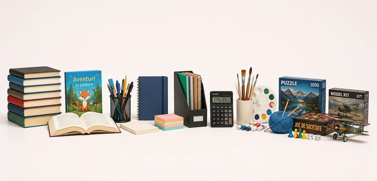 Banner cu cărți, articole de birotică și produse pentru hobby: cărți, caiete, instrumente de scris, calculator de birou, materiale de pictură, puzzle și jocuri de societate.