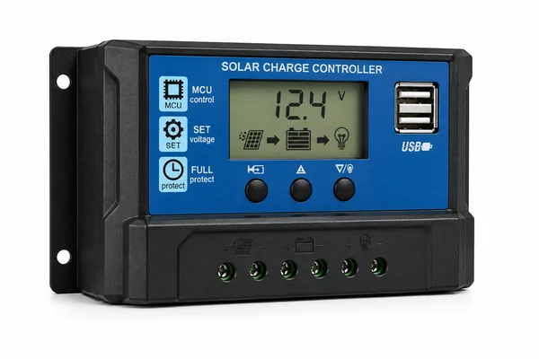 Controler de încărcare solară cu afișaj LCD, porturi USB și conexiuni pentru panou fotovoltaic și baterie, pe fundal alb.