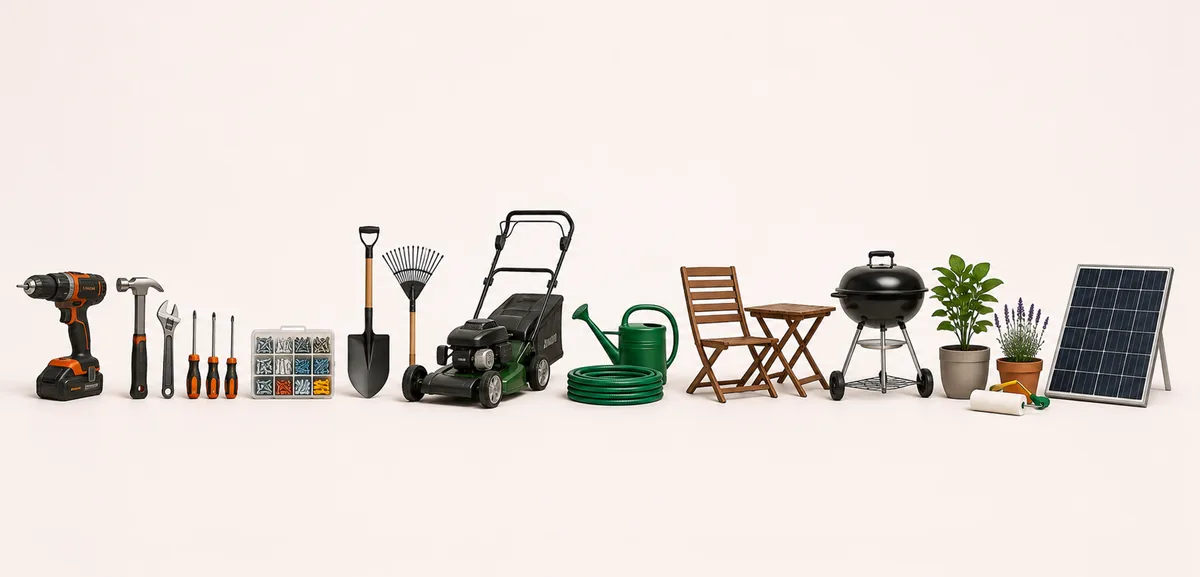 Imagine reprezentativă pentru categoria Grădină și Bricolaj, cu unelte electrice, echipamente pentru grădină, mobilier outdoor și accesorii pentru casă.