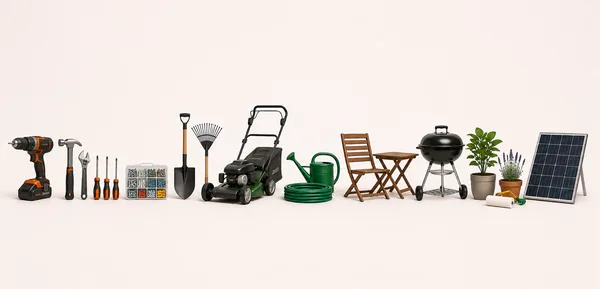 Imagine reprezentativă pentru categoria Grădină și Bricolaj, cu unelte electrice, echipamente pentru grădină, mobilier outdoor și accesorii pentru casă.