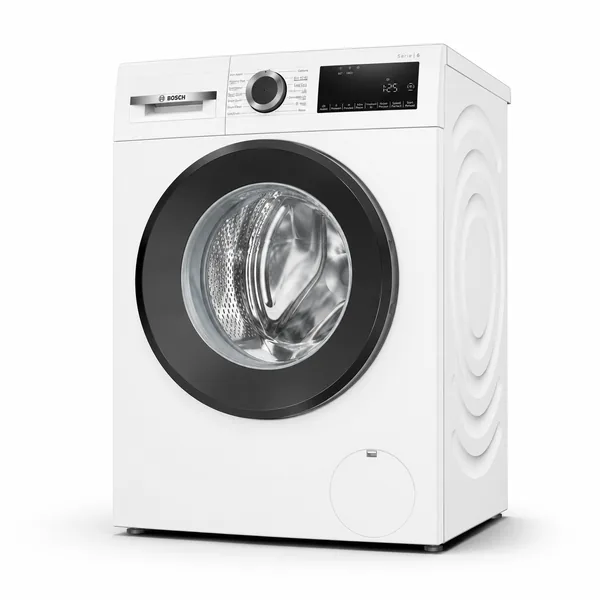 Mașină de spălat rufe Bosch Series 6, albă, cu încărcare frontală și panou digital, prezentată pe fundal alb.
