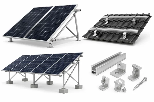 Structuri și sisteme de montaj pentru panouri fotovoltaice, cu șine, cleme, suporturi și cadre metalice pentru acoperiș și sol, pe fundal alb.