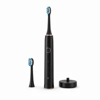 Periuta electrica neagra pe un fundal alb cu accesorii langa