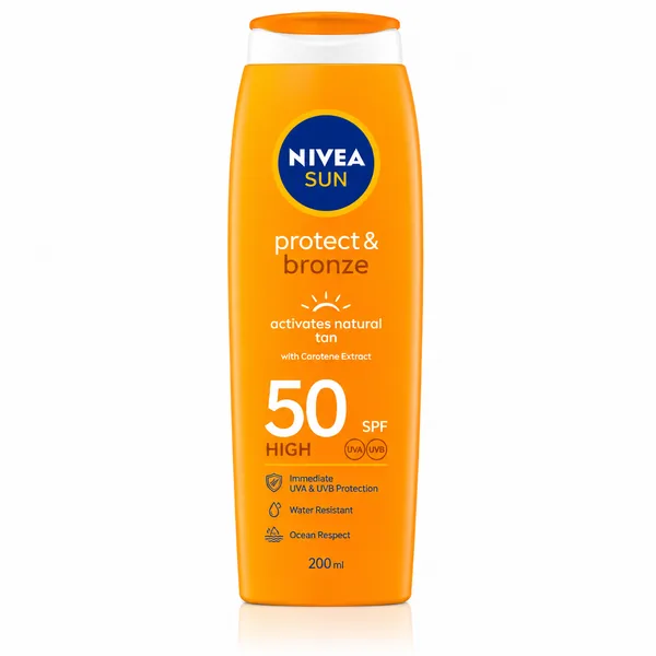 Loțiune de protecție solară NIVEA Sun SPF 50, într-un flacon portocaliu, prezentată pe fundal alb.