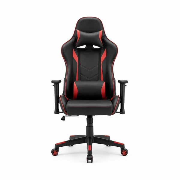 Scaun gaming ergonomic negru cu accente roșii, tip racing, cu tetieră, pernă lombară, cotiere reglabile și bază cu roți, prezentat pe fundal alb.
